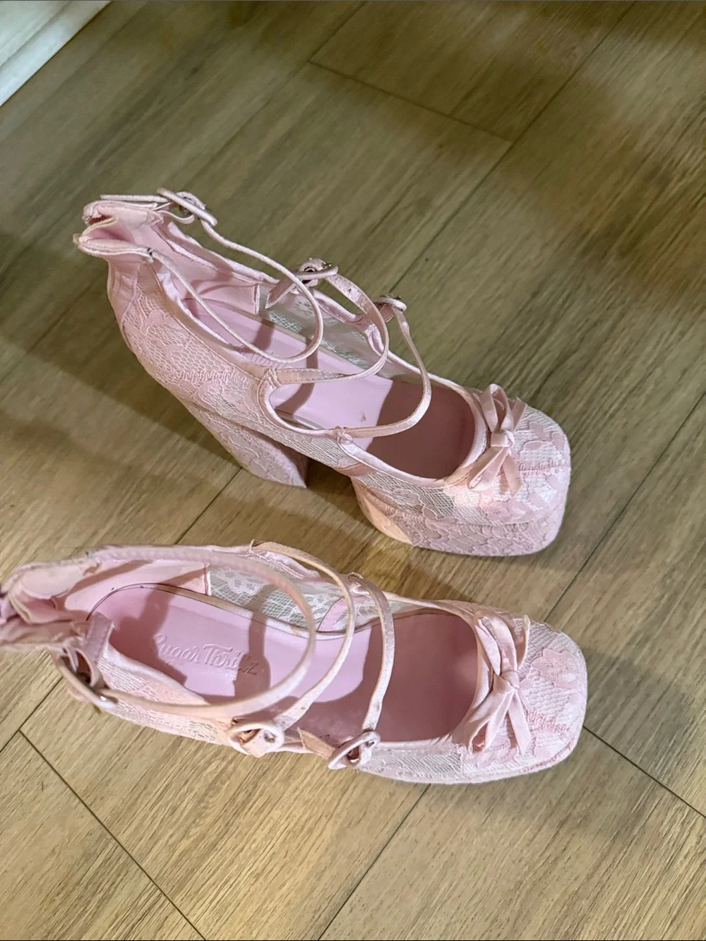 Sugar Thrillz Pink Lace Platform Mary Jane Pumps